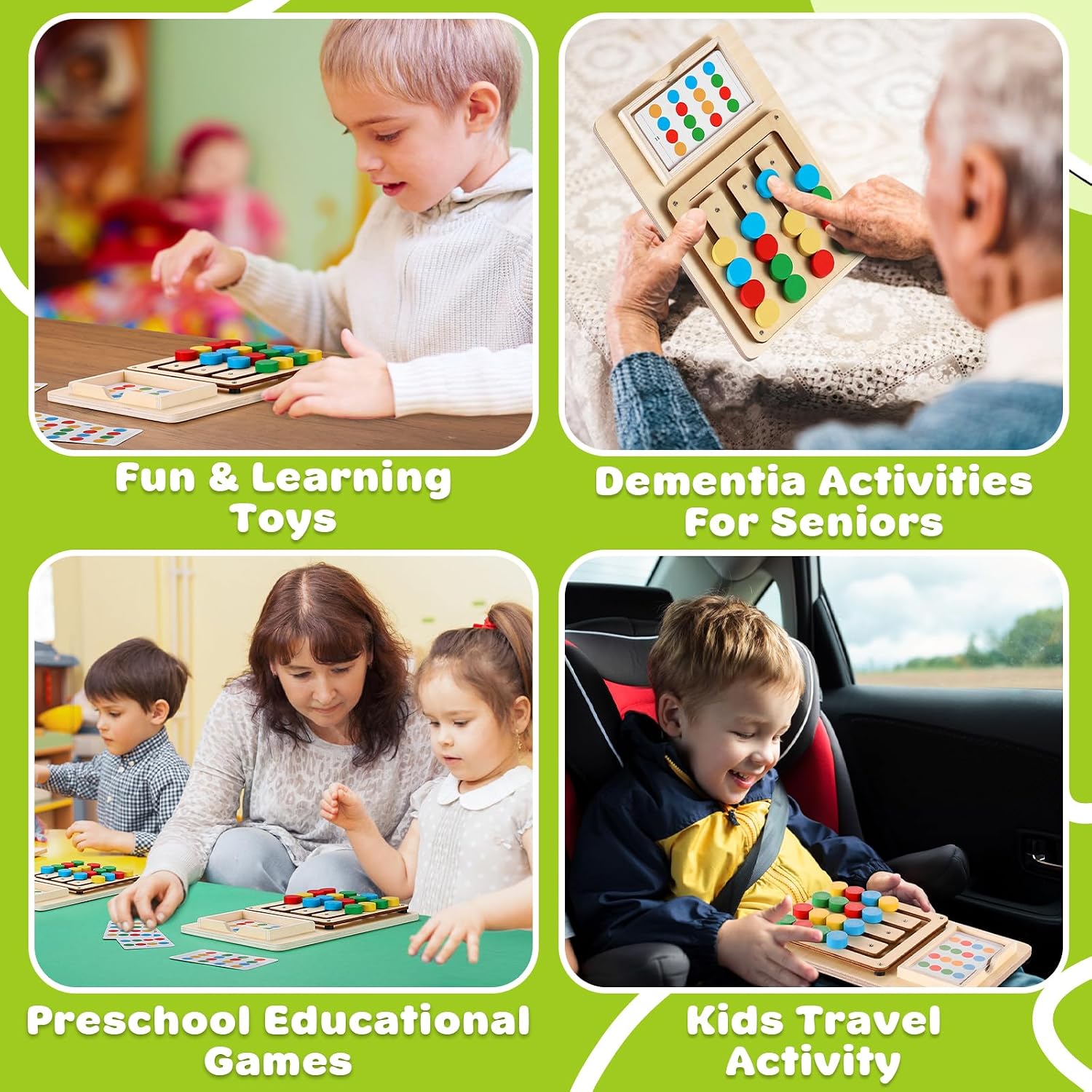 Wooden slide puzzle board with colored pieces