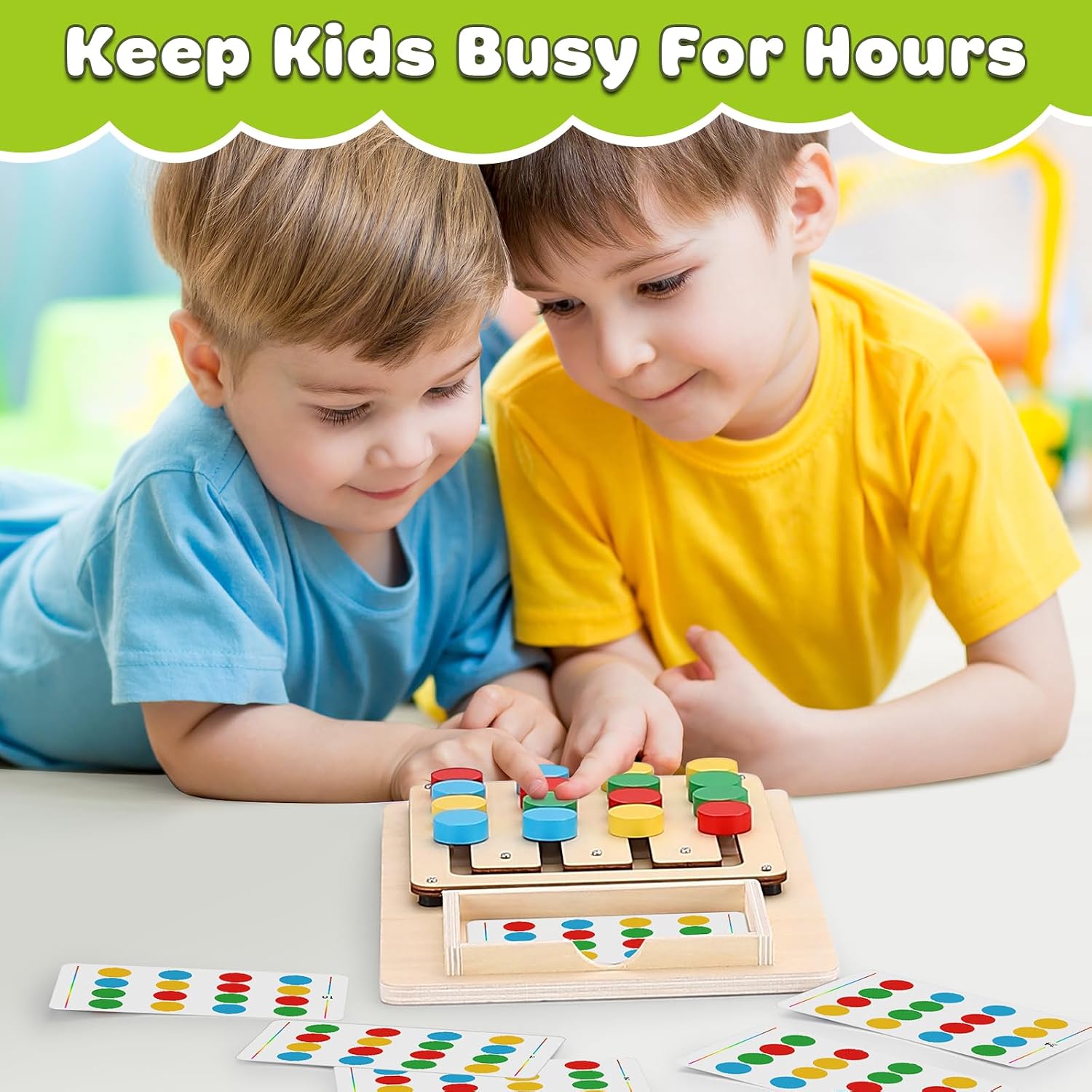 Child sliding colored wooden pieces to match a pattern card